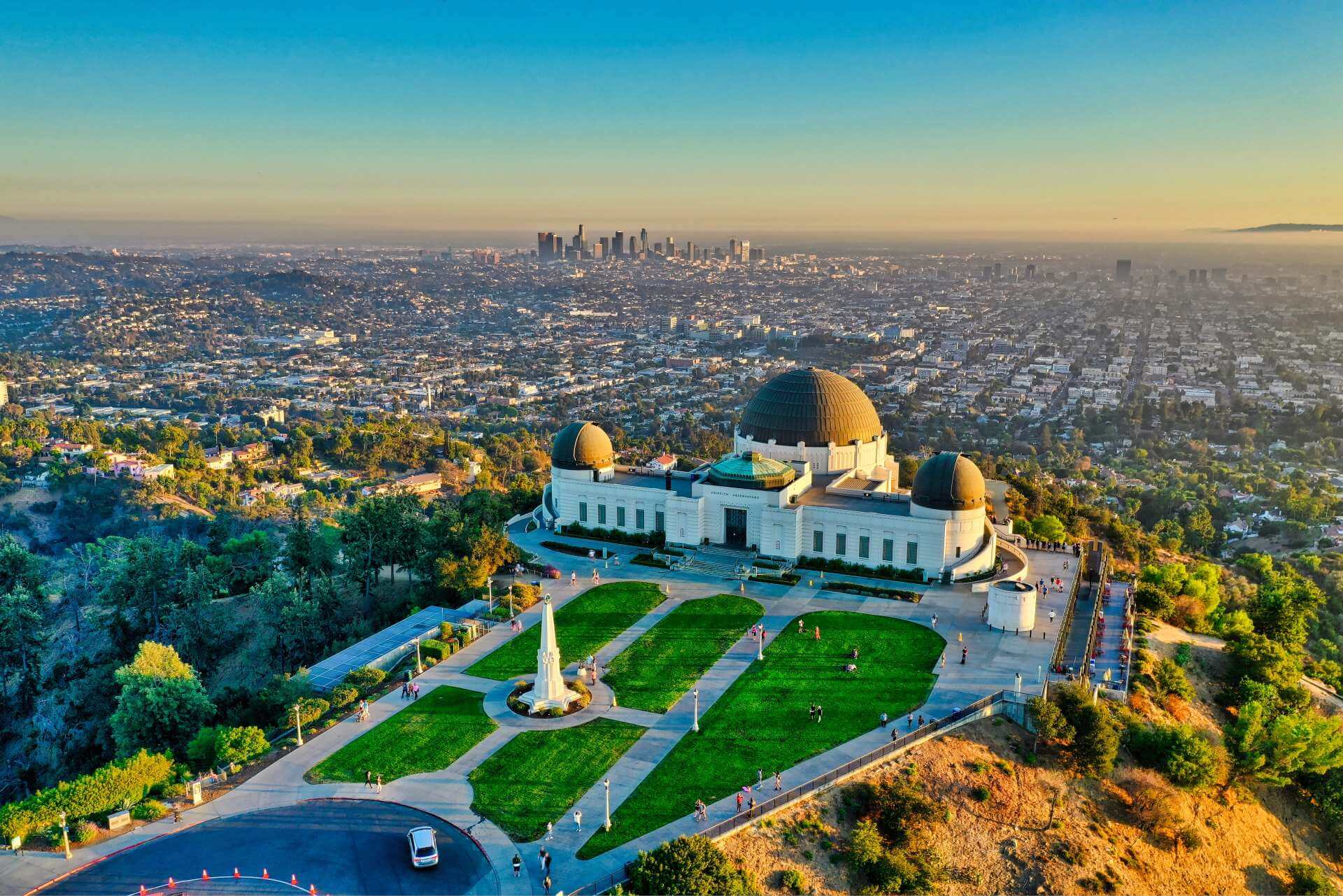 Los Angeles Griffith Park Observatory wide shot with LA in background