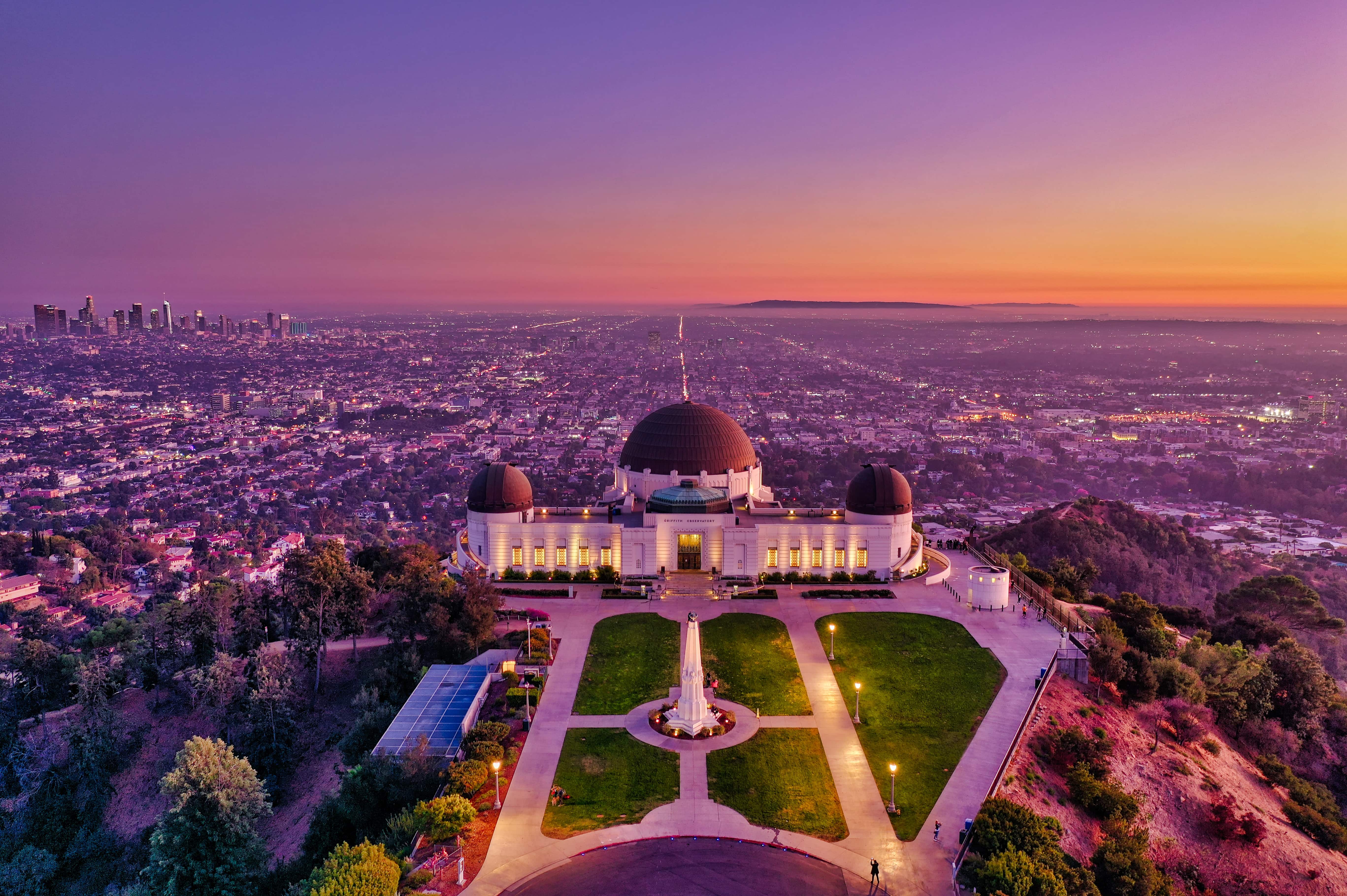 Aerial sunset view of Griffith Observatory during Private Griffith Observatory tour