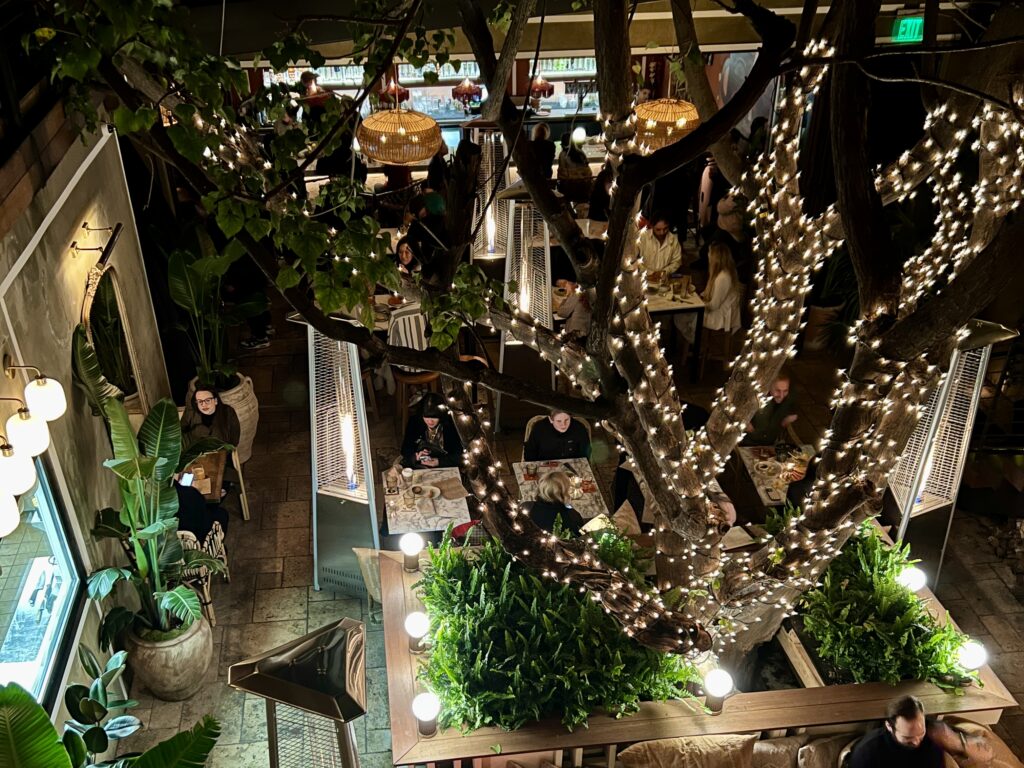 Aerial view of Mirate restaurant outdoor area in Los Angeles