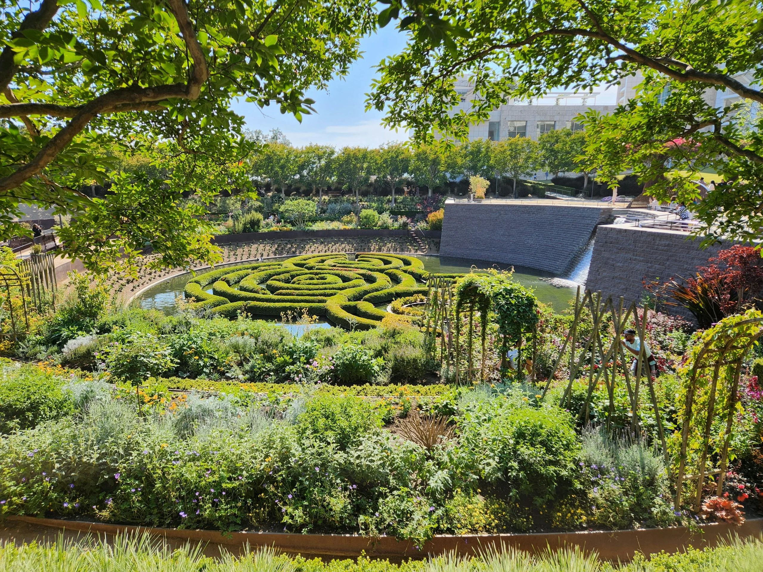 High angle shot of Getty Museum maze garden during Getty Center Guided Tour in LA