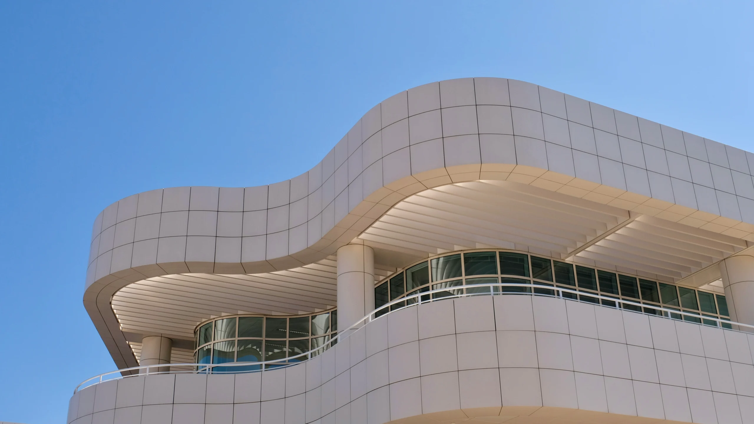 Low angle shot of Getty Center during guided tour in Los Angeles
